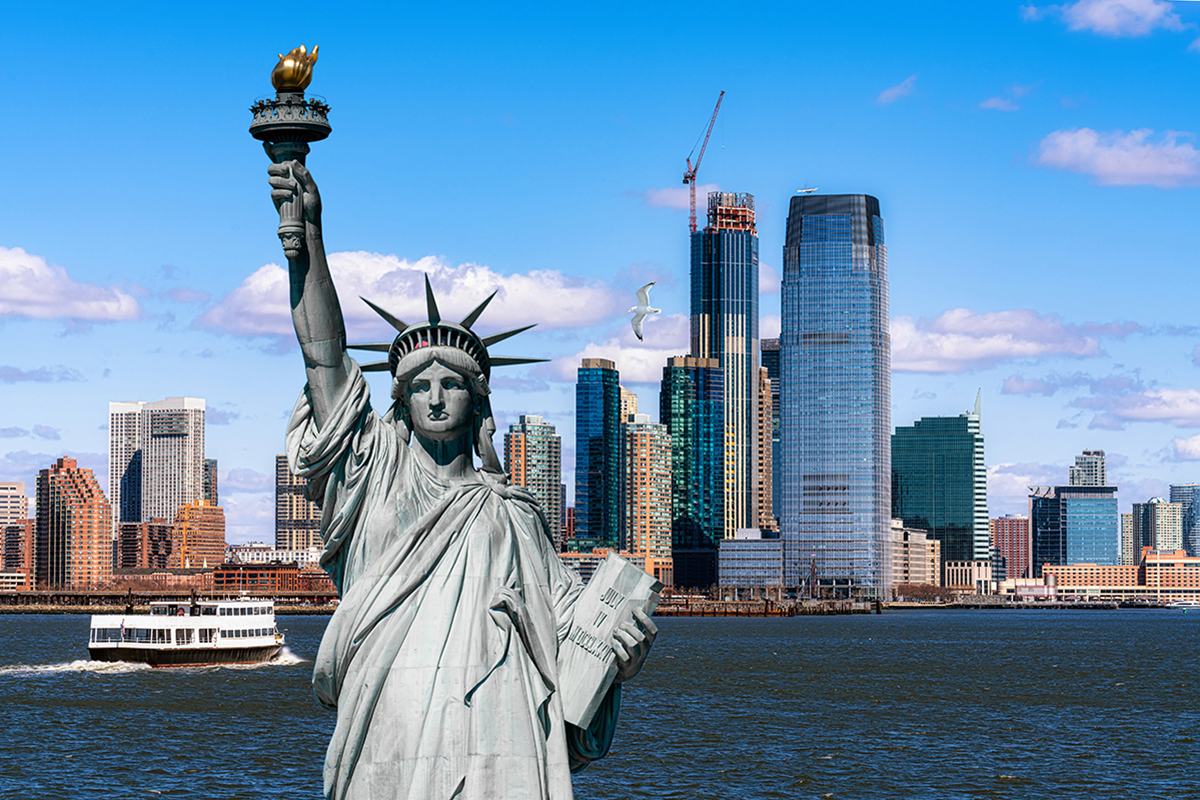 the statue of liberty over the scene of new york cityscape
