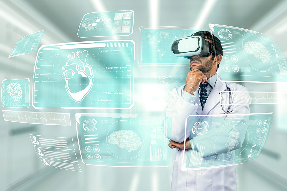 Doctor using VR headset, viewing medical data