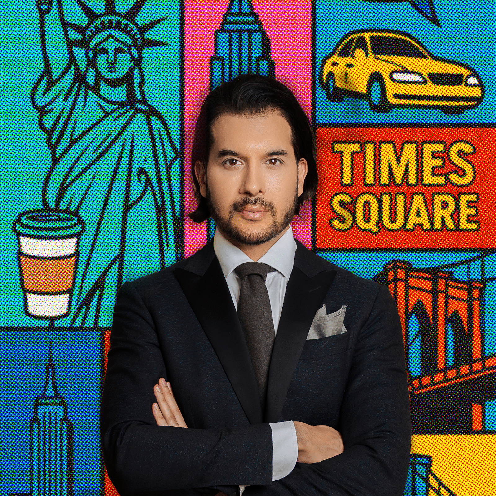 Portrait of Dr. Shah in a suit against a Pop Art New York City backdrop with the Statue of Liberty and Times Square.