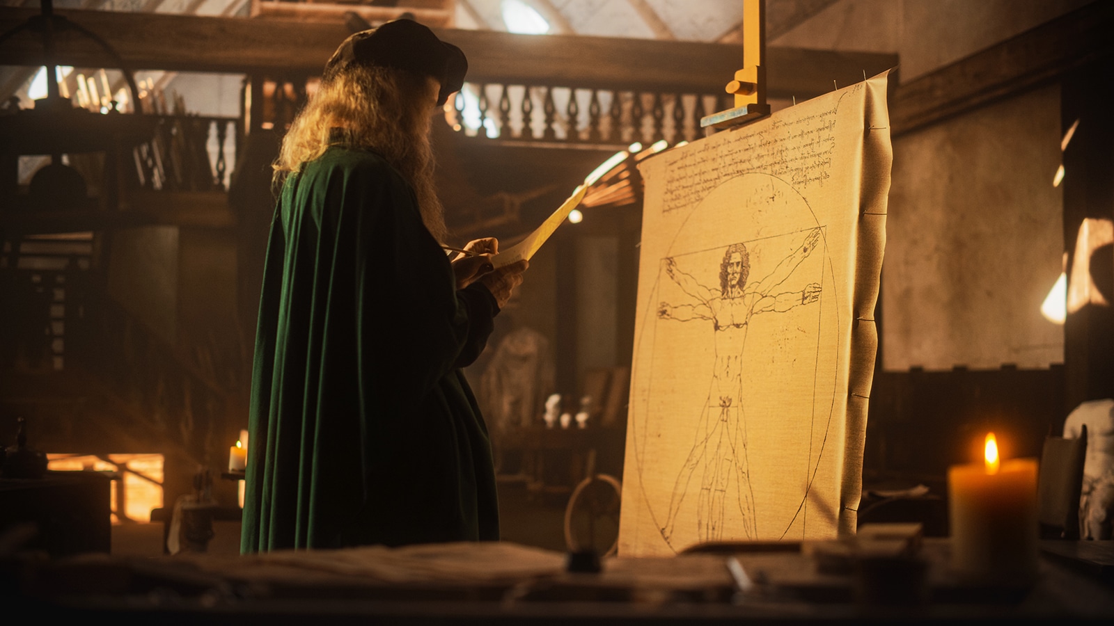 Artist depicting Leonardo da Vinci working on the Vitruvian Man sketch in a candlelit Renaissance-style studio. Artist depicting Leonardo da Vinci working on the Vitruvian Man sketch in a candlelit Renaissance-style studio.