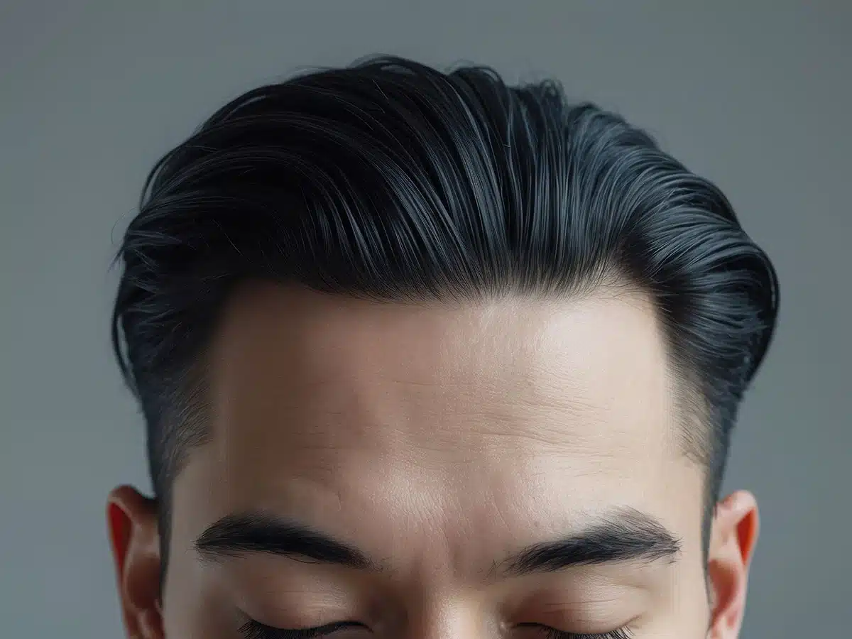 Close-up of a man’s thick dark hair and clean hairline, focused on the forehead and scalp area.