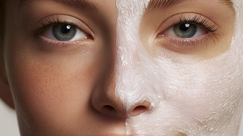 Close-up of a woman's face showing half covered with a white skincare cream mask for a before-and-after comparison.