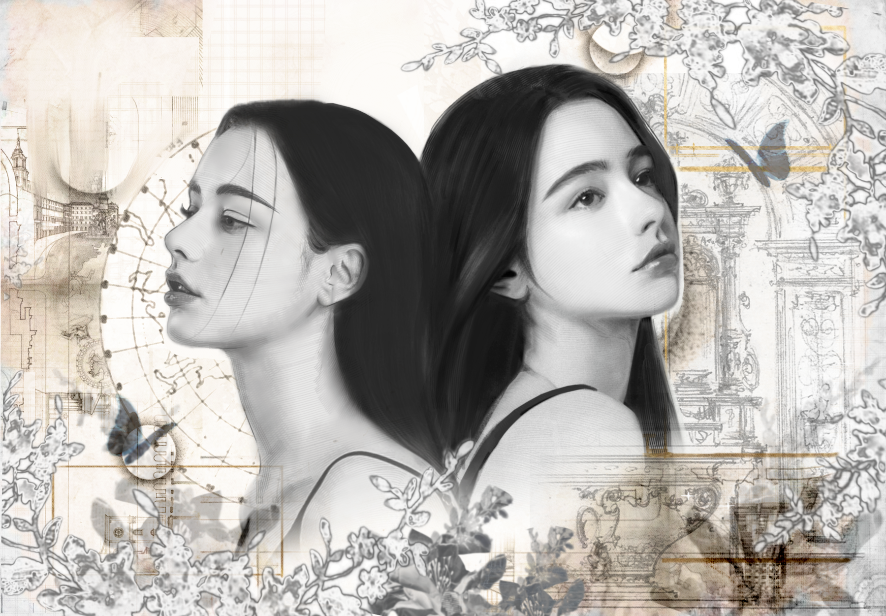drawing of two beautiful young women
