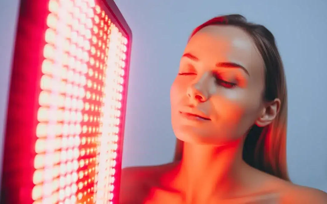 woman using red light therapy panel
