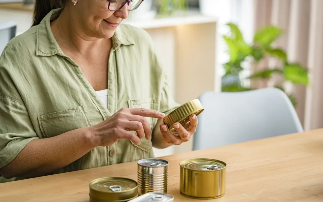 woman reading canned food label