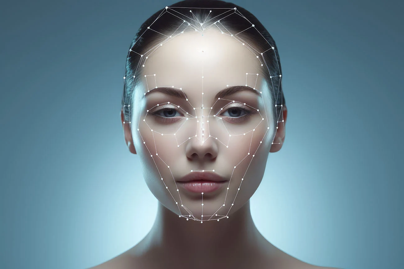 Digital facial mapping network overlay on a woman’s face for facial analysis and aesthetic treatment planning. Digital facial mapping network overlay on a woman's face for facial analysis and aesthetic treatment planning.