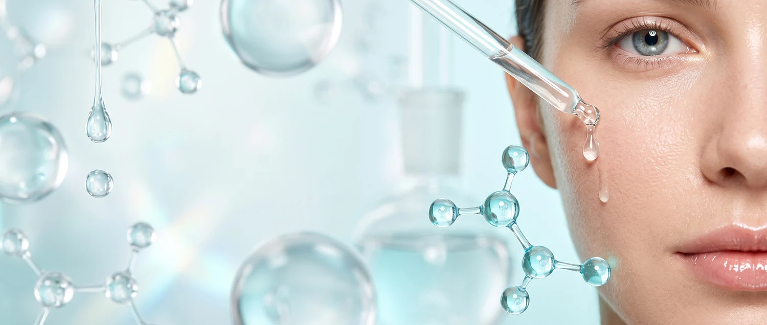 Dropper applying serum to a woman’s cheek alongside molecular structures and water bubbles. Dropper applying serum to a woman's cheek alongside molecular structures and water bubbles.