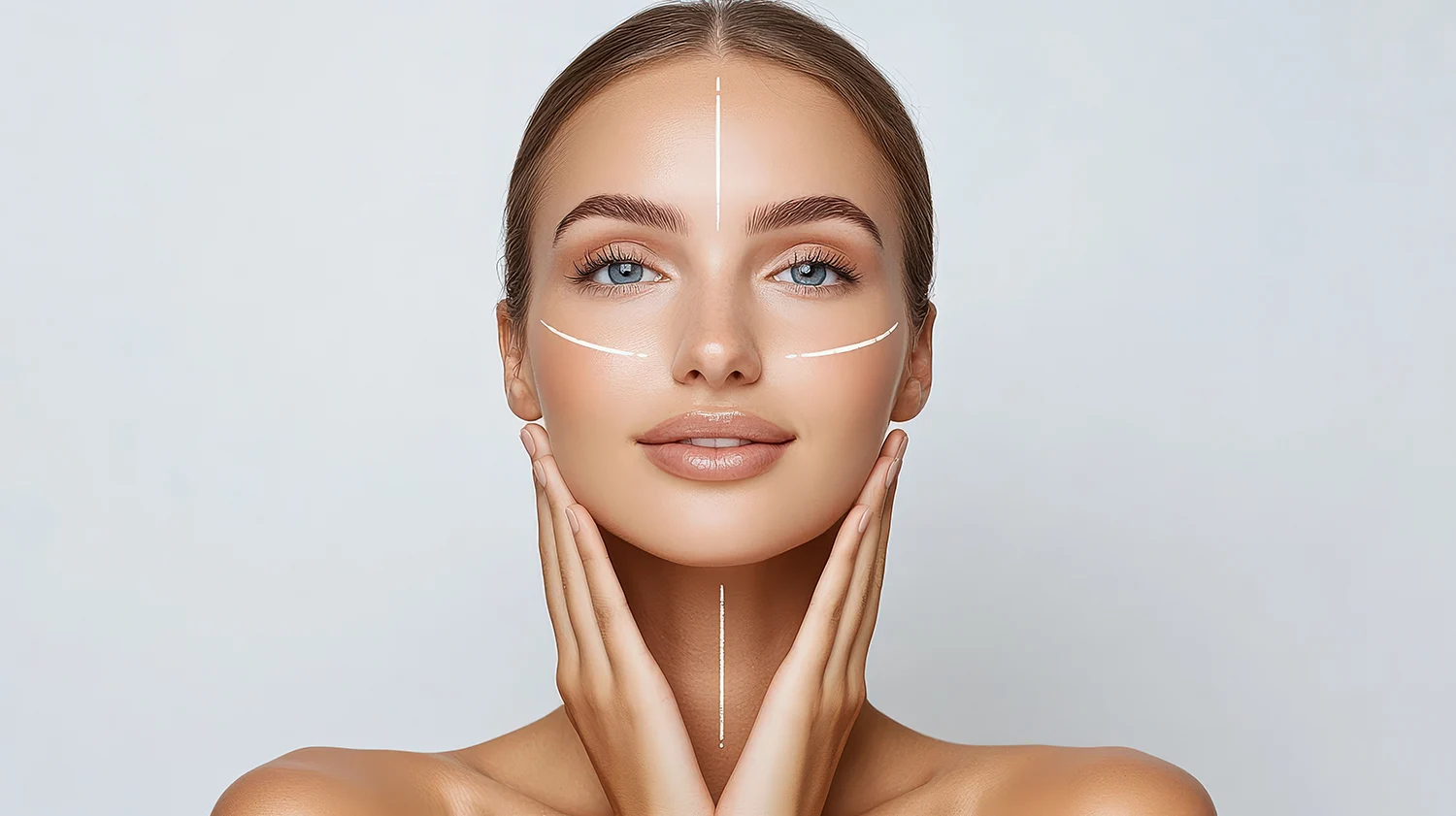 Woman framing her face with hands, featuring white symmetry alignment lines on her forehead, cheeks, and chin. Woman framing her face with hands, featuring white symmetry alignment lines on her forehead, cheeks, and chin.