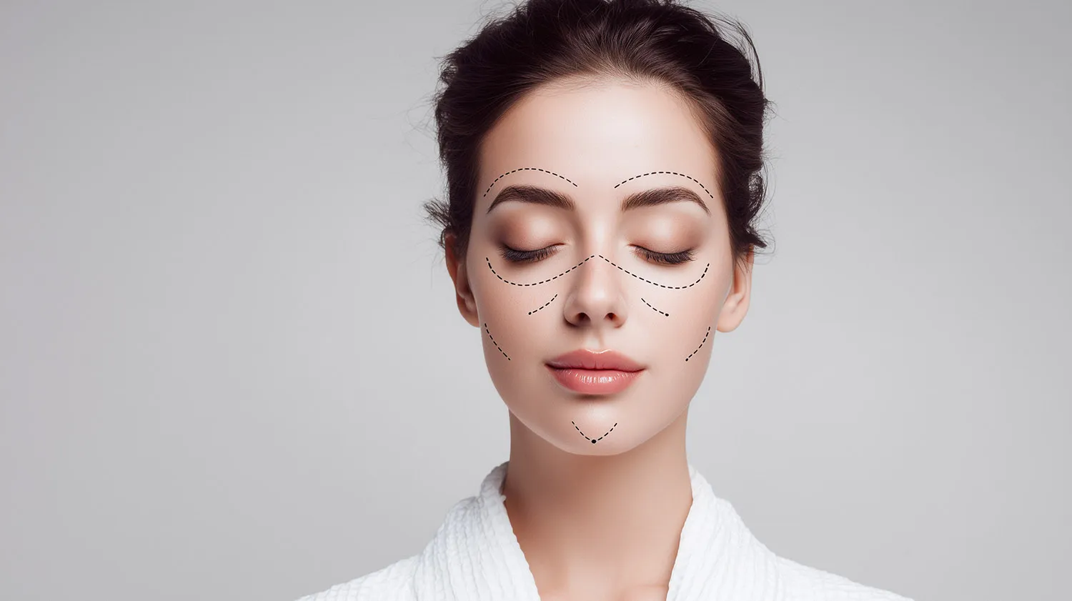 Woman with closed eyes showing dotted facial markings for plastic surgery or aesthetic treatment lines Woman with closed eyes showing dotted facial markings for plastic surgery or aesthetic treatment lines